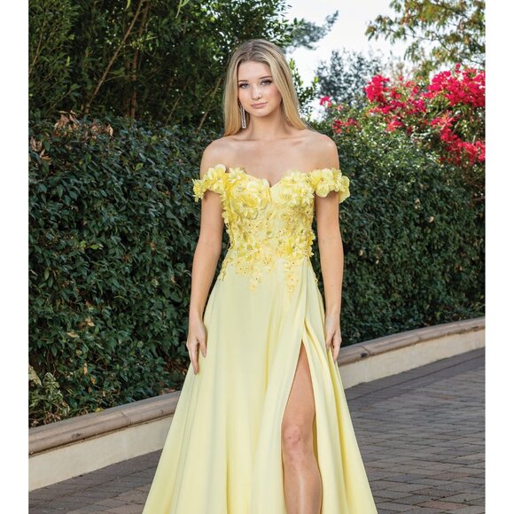 New Off Shoulder Long A-Line Floral Dress w/ Leg Slit & Lace Up Back DQ 4268 - Picture 3 of 9